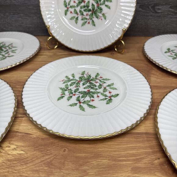 Lenox Hollyberry Salad Plates Fluted Special 8 1/2” Dimension Rim USA~set Of 6 - Picture 5 of 10